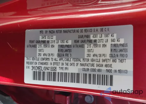 2022 Mazda Cx-30 Premium z USA, uszkodzony, nr VIN 3MVDMBDLXNM418896